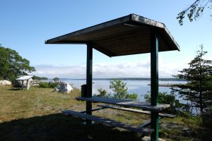 A picnic table with a roof overlooks the water.